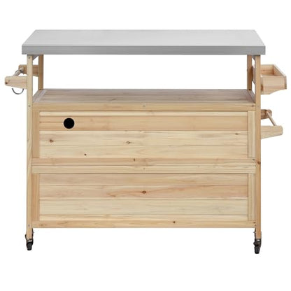 FUvellamo 50.25'' Rolling Outdoor Kitchen Island with Stainless Steel Top and Storage Cabinet, Farmhouse Outdoor Grill Table with Towel Rack for Kitchen BBQ, Natural