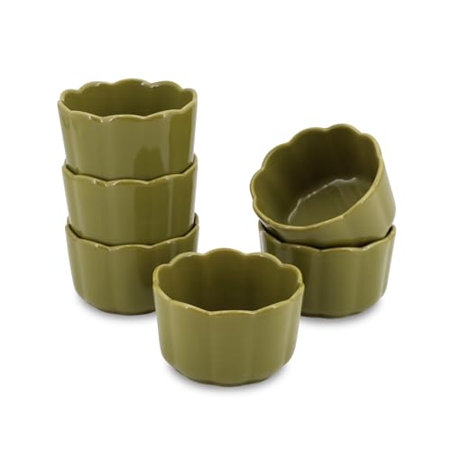 Krokori 6-Piece 6 Oz Scallop Ceramic Ramekins Set - Porcelain Baking Bowls with Elegant Scallop Rim for Creme Brulee, Souffle, Pudding, Ice Cream & Dipping, Oven-Safe, Durable & Space-Saving, Moss Green