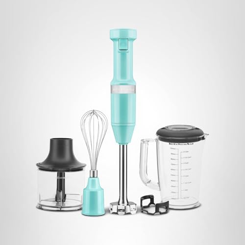 KitchenAid Variable Speed Corded Hand Blender with Blending Pitcher, Whisk and Chopper Attachments, KHBV83AQ, Aqua Sky