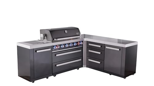 Mont Alpi 94"W x 75"D L-shaped Black Stainless Steel Modular Outdoor Kitchen Island with Infrared Side & Rear Burners + 44"W 6-Burner BBQ Gas Grill + Granite Countertops + Storage Cabinets & Drawers