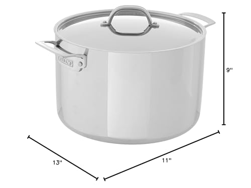 Viking 3-Ply Stainless Steel Stock Pot, 12 Quart Soup Cooking Pot with Lid, Kitchen Cookware, Dishwasher and Oven Safe, Induction Ready, Silver