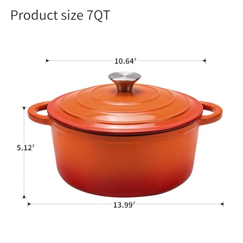 WOKINS Enameled Cast Iron Dutch Oven - 7QT Pot with Lid,Oven Safe to 500°F,Heavy-Duty Cookware for Sourdough Bread Baking,Braising,Stews,Roasting Orange
