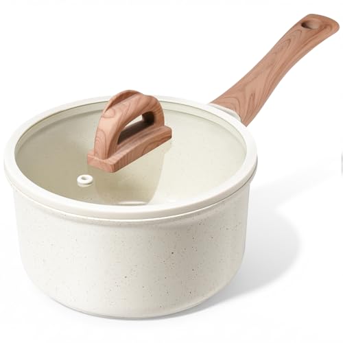 Ceramic Nonstick Saucepan with Lid, 2.0 QT Small Non Stick Stock Pot with Stay-cool Handle, Induction Compatible Cooking Pot White Granite Coating Easy to Clean Kitchen Cookware