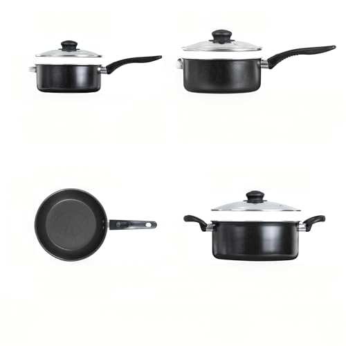 7 Piece Aluminum Non Stick Cookware Set with Glass Lids Black