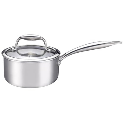 KC-Emier 1-Quart Saucepan with Lid, Tri-Ply Stainless Steel Pot with Stay-Cool Handle & All Cooktop Compatibility (Gas, Ceramic, Electric) - Silver