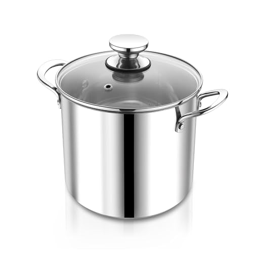 P&P CHEF 8 Quart Stainless Steel Stock Pot with Lid, Large Stockpot for Cooking Pasta Soup, Cookware for Induction Gas Electric Stoves, Visible Lid & Measuring Markings, Dishwasher Safe