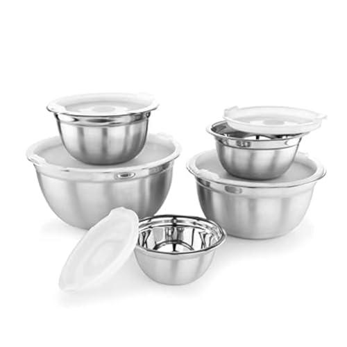 AVADOR Premium Stainless Steel Mixing Bowls with Lids, Set of 5 Brushed Stainless Steel Mixing Bowl Set, Easy To Clean, Space Saving, Great for Cooking, Baking, Prepping (0.25qt, 1qt, 1.5qt, 3qt, 5qt)