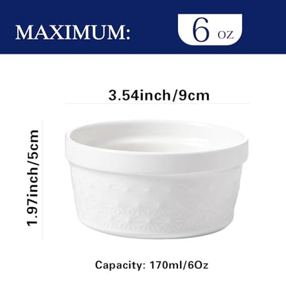 Feenmai 6 Oz Ramekins Oven Safe, Creme Brulee Ramekins Set of 8, Ceramic Souffle Dish, White Porcelain Snowflake Baking Bowls for Dessert, Pie, Tart, Souffles, Appetizers