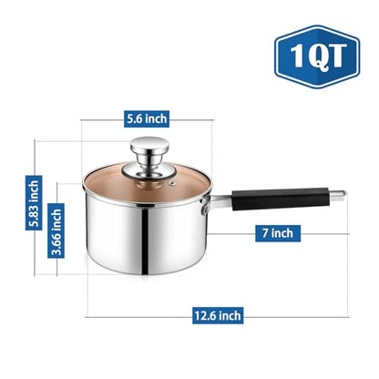 P&P CHEF 1 Quart Sauce Pan and Pot with Lid, Tri-Ply Stainless Steel Saucepan Cookware for Induction & Multi Stoves, Heat-proof Handle & Visible Glass Lid, Dishwasher Safe