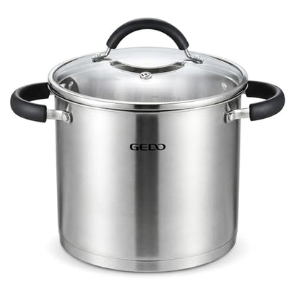 GEDO Food-Grade 304 Stainless Steel Stock Pot, Thickened Cooking Pot with Tempered Glass Lid, Heat-Resistant Handles, Fits All Stovetops for Soup Stew Canning, Dishwasher Safe (10, Quarts)