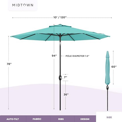Midtown Umbrellas - The Lean 10 Ft Patio Umbrella with Fade-Resistant Sunbrella Fabric, Auto-Tilt Aluminum Frame and 8 Reinforced Ribs for Deck, Pool & Garden - Canvas Glacier Canopy, Black Pole