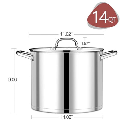 P&P CHEF 14 QT Stock Pot with Lid, Stainless Steel Large Cooking Pot, Soup Canning Stockpot for Stewing Simmering, Tri-ply Bottom for All Stoves, Heavy-Duty &Dishwasher Safe & Food-Grade