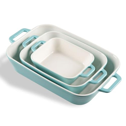 Sweejar Relief Casserole Dishes for Oven, Ceramic 9x13 Baking Pans Set for Cooking, Cake, Banquet and Daily Use, Rectangular Bakeware Set, Porcelain Baking Dish, Lasagna Pan Deep with Handles(Turquoise)