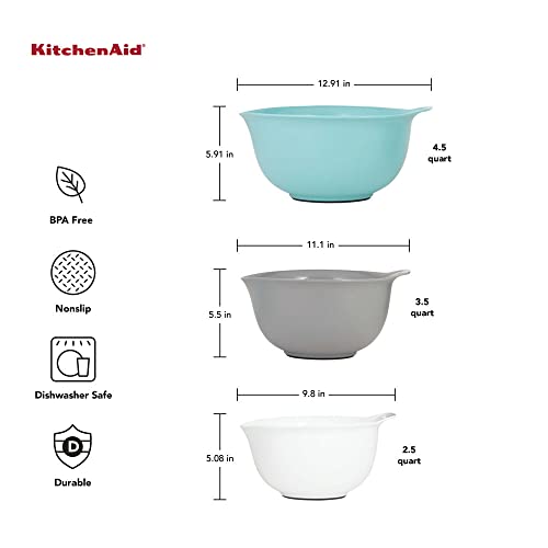 KitchenAid Universal Nesting Plastic Mixing Bowls, Set Of 3, 2.5 quart, 3.5 quart, 4.5 quart, Non Slip Base with Easy Pour Spout to Reduce Mess, Dishwasher Safe, Aqua Sky, White, Gray