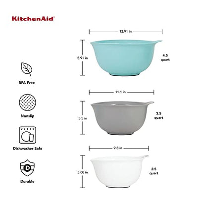 KitchenAid Universal Nesting Plastic Mixing Bowls, Set Of 3, 2.5 quart, 3.5 quart, 4.5 quart, Non Slip Base with Easy Pour Spout to Reduce Mess, Dishwasher Safe, Aqua Sky, White, Gray