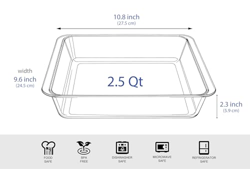 Classic Tempered Glass Baking Dish, Square Borosilicate Glass Baking Pan. Oven, Microwave, Refrigerator and Dishwasher Safe. -2.4L
