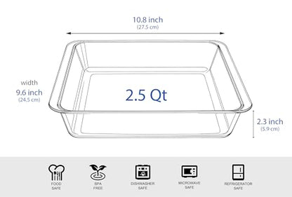 Classic Tempered Glass Baking Dish, Square Borosilicate Glass Baking Pan. Oven, Microwave, Refrigerator and Dishwasher Safe. -2.4L