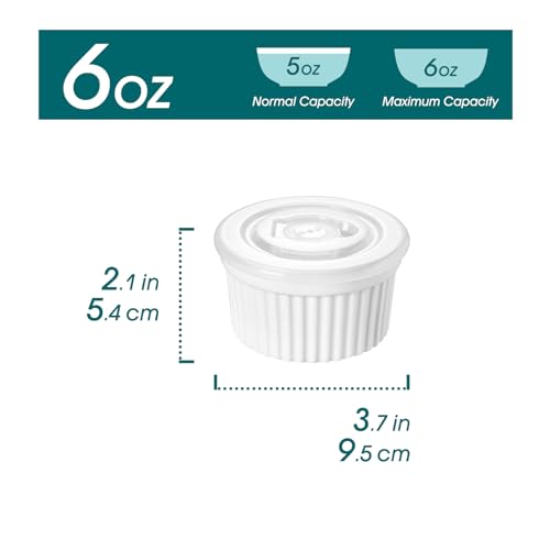 vancasso 6 oz Ramekins with Lid, Porcelain Creme Brulee Souffle Dishes, White Pudding Custard Cups Ramiken for Baking, Dishwasher and Oven Safe, Set of 6