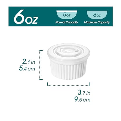 vancasso 6 oz Ramekins with Lid, Porcelain Creme Brulee Souffle Dishes, White Pudding Custard Cups Ramiken for Baking, Dishwasher and Oven Safe, Set of 6