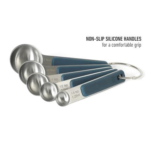 Calphalon Prime Measuring Spoons, Plastic Measuring Spoon Set, 5-Piece Stainless Steel Measuring Spoons Navy Silicone Handle Accurate, Durable for Spices and Small Portions