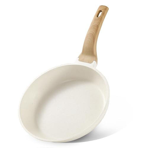 CAROTE Non Stick Frying Pan Skillet, Omelet Pan, Healthy Non Toxic Granite Chef Pan, Induction Compatible Egg Frying Pan with Heat-Resistant Handle, PFOA-Free,Cream White, 8"