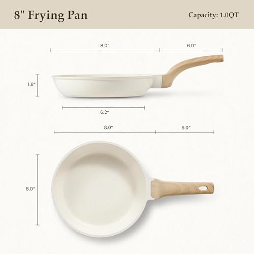 CAROTE Non Stick Frying Pan Skillet, Omelet Pan, Healthy Non Toxic Granite Chef Pan, Induction Compatible Egg Frying Pan with Heat-Resistant Handle, PFOA-Free,Cream White, 8"