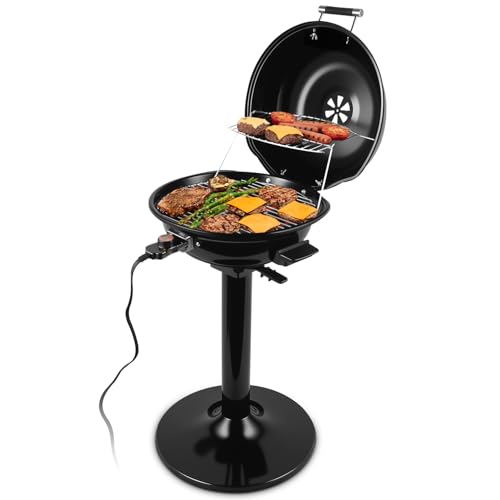 Electric Grill, CUSIMAX Electric Indoor/Outdoor Grill, 1600W Portable BBQ with Lid for Indoor & Outdoor Use, Adjustable Heat, Removable Stand Grill for Cookouts, BBQ Gatherings, Small Spaces