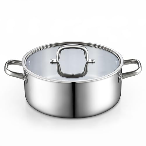 Cook N Home Stainless Steel Stockpot with Lid 7 Quart, Tri-Ply Clad Dutch Oven Soup Pot, Induction Cooking Pot, Silver