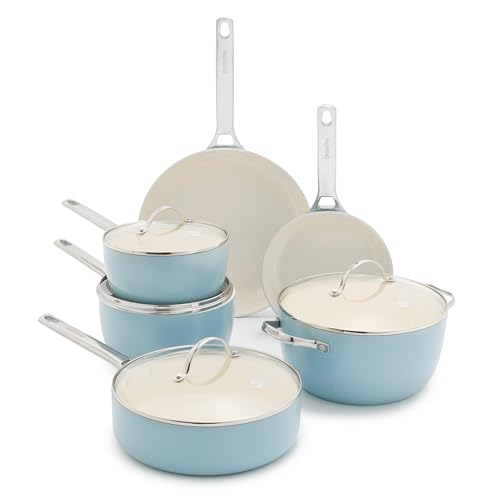 GreenPan Padova Pro 10 Piece Cookware Pots and Pans Set, Hard Anodized Healthy Ceramic Nonstick PFOA and PFAS-Free, Induction Suitable, Stainless Steel Handles, Dishwasher and Oven Safe, Blue Haze