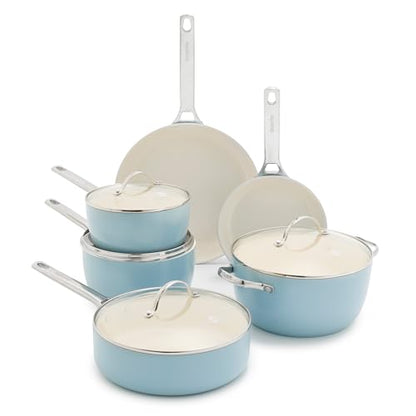 GreenPan Padova Pro 10 Piece Cookware Pots and Pans Set, Hard Anodized Healthy Ceramic Nonstick PFOA and PFAS-Free, Induction Suitable, Stainless Steel Handles, Dishwasher and Oven Safe, Blue Haze