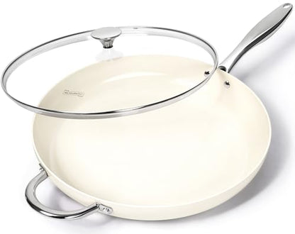 MICHELANGELO Large Frying Pan with Lid, 14 Inch Ceramic Skillet with Nonstick Coating, Healthy Non Stick Fry Pan, Induction Compatible, White