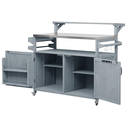 Merax 53.3" Outdoor Kitchen Island with Raised Shelf, Solid Wood Storage Cabinet with Stainless Steel Top, Rolling Grill Cart, Adjustable Shelf, Grey Blue