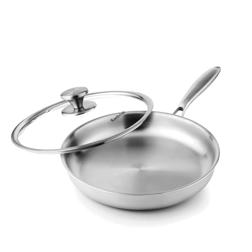 Kordichef 10 Inch Stainless Steel Frying Pan with Lid, Tri-Ply Healthy Stainless Steel Cookware, Pan, Skillet on Induction, Ceramic and Gas Cooktops, PFOA Free Cooking Pan, Dishwasher Safe
