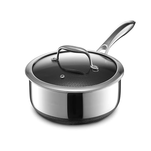HexClad Hybrid Nonstick 3-Quart Saucepan with Tempered Glass Lid, Stay-Cool Handle, Dishwasher-Friendly, Oven-Safe Up to 900°F, Induction Ready, Compatible with All Cooktops