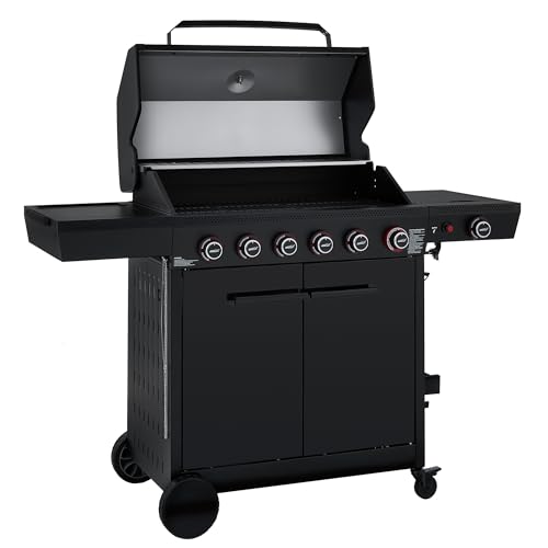 Royal Gourmet GE6001H 6-Burner Gas Grill, 72,000 BTU, 691 Sq. In. Cooking Area, with Sear and Side Burner, Side Shelf with hooks, spice basket, Movable Cabinet Style Grill for Outdoor Grilling, Black