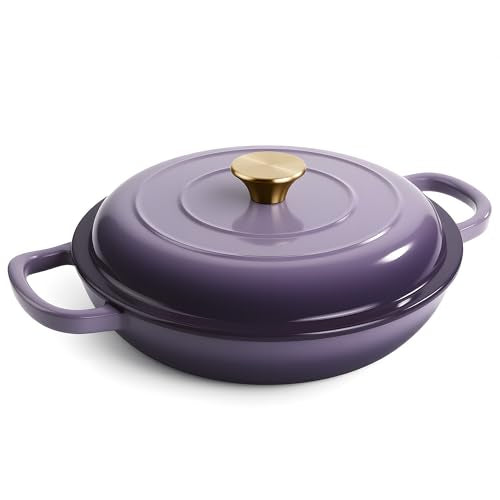 Vintage Style 3 Quart Enameled Cast Iron Braiser, Non Stick Enameled Cast Iron Skillet with Lid, Dutch Oven Skillet with lid up to 500°F for Oven, Stove, Grill, Shallow Dutch Oven for Cook, Bake (Purple)