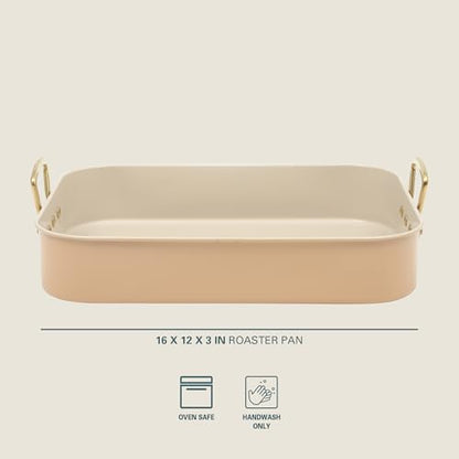 Gibson Home Broxton 2-Piece Nonstick Roaster Pan with Rack – 16 x 12 Inch Apricot Turkey Roasting Pan with Cast Aluminum Gold Handles – Oven-Safe, Easy-Clean, Holiday Cookware