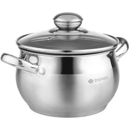 Daniks Classic 2 Quart Stainless Steel Stock Pot with Glass Lid, Tri-Ply Bottom for Even Heating, Induction Compatible, Dishwasher Safe