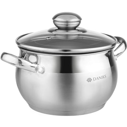 Daniks Classic 2 Quart Stainless Steel Stock Pot with Glass Lid, Tri-Ply Bottom for Even Heating, Induction Compatible, Dishwasher Safe