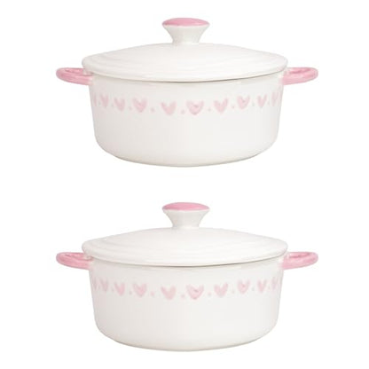 10 Strawberry Street Heart Mini Cocotte Lidded Ramekins, Set of 2, Ceramic Souffle & Baking Dishes, Mini Dutch Oven (Pink Hearts)