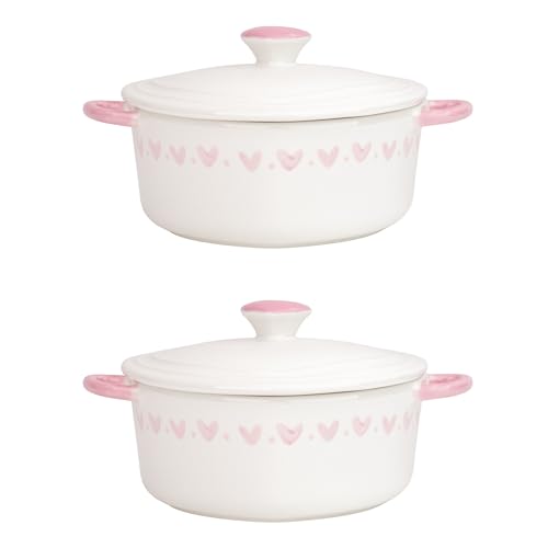 10 Strawberry Street Heart Mini Cocotte Lidded Ramekins, Set of 2, Ceramic Souffle & Baking Dishes, Mini Dutch Oven (Pink Hearts)