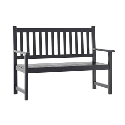 Flash Furniture Adele Commercial Indoor/Outdoor Acacia Wood Bench, 2-Person Slatted Patio Loveseat, for Use in Yard, Garden, Porch, or Park, Black