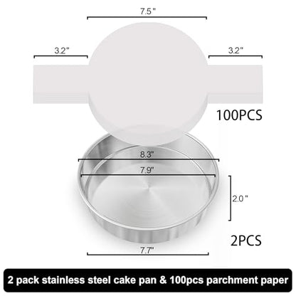 AWTBDP 8 Inch Cake Pan Set of 2, Nonstick Stainless Steel Round Layer Cake Baking Pans with 100PCS Parchment Papers, Circle Cake Pan Tins for Birthday Christmas, Non-Toxic & Healthy, Dishwasher Safe