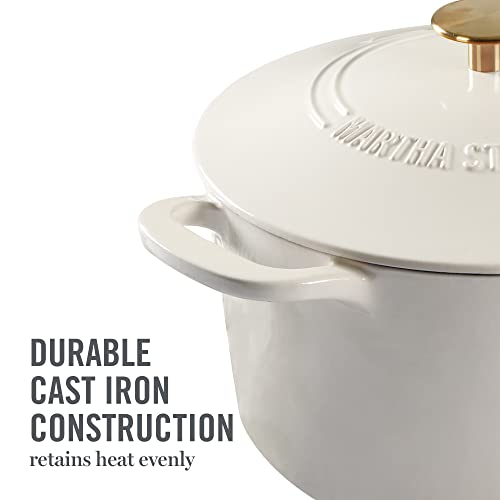 MARTHA STEWART Gatwick 7-Quart Enamel Cast Iron Dutch Oven – Linen White With Gold – Heavy-Duty Dutch Oven for Slow Cooking, Braising & Baking