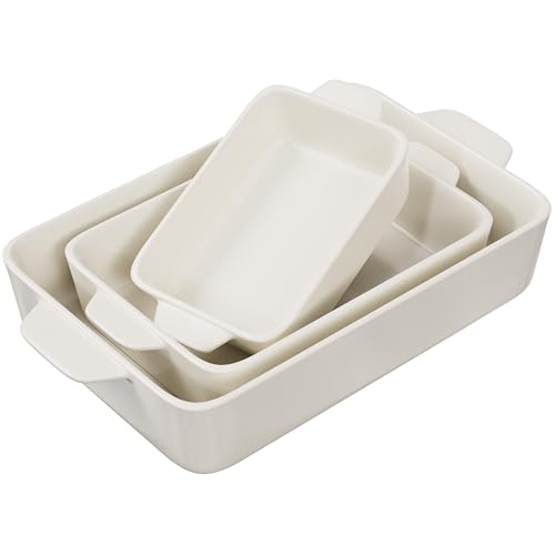 Kook Ceramic Bakeware Set, Rectangular Baking Dishes, For Casseroles, Lasagna, Cake, Small, Medium & Large Pans, Microwave & Dishwasher Safe, Set of 3, (Ivory)