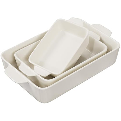 Kook Ceramic Bakeware Set, Rectangular Baking Dishes, For Casseroles, Lasagna, Cake, Small, Medium & Large Pans, Microwave & Dishwasher Safe, Set of 3, (Ivory)