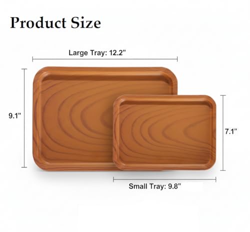 ZENSEWEN Wood Grain Serving Tray Set of 2 - Lightweight Decorative Nesting Platters for Coffee Table, and Guest Hosting - Durable Heat Resistant Food Trays for Breakfast in Bed and Appetizers