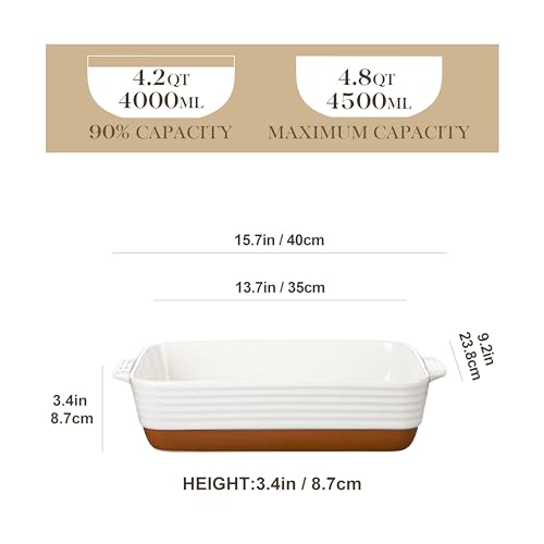 MALACASA Baking Dish 4.8 Qt Ceramic Casserole & Lasagna Pan, 9x13 Inch Deep Rectangular Oven Safe Dish with Handles for Baking, Roasting, Serving (Khaki & White) - Series Tara