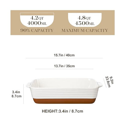 MALACASA Baking Dish 4.8 Qt Ceramic Casserole & Lasagna Pan, 9x13 Inch Deep Rectangular Oven Safe Dish with Handles for Baking, Roasting, Serving (Khaki & White) - Series Tara