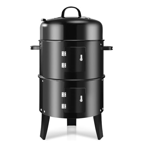 RYHOFOUD T001-2 19-inch BBQ Charcoal Smoker, Heavy Duty Round Smoking-Vertical Multi-Layer Pellet Smoker for Meats-Offset Charcoal Grill with Thermometer, Black